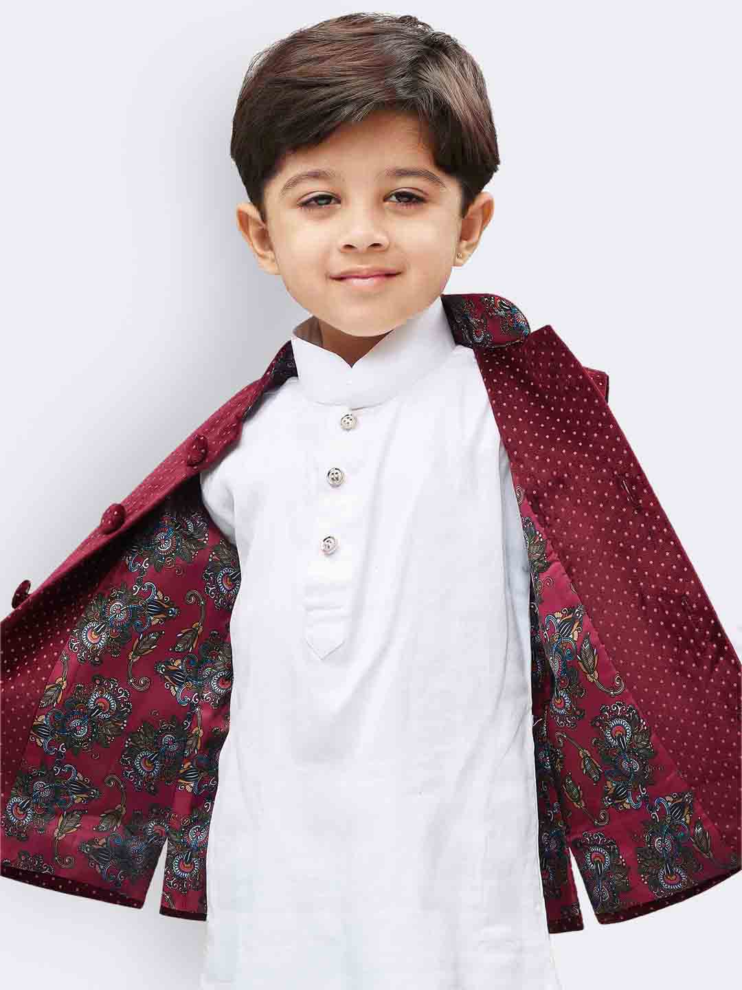 VASTRAMAY Boys' Maroon Velvet Nehru Jackets