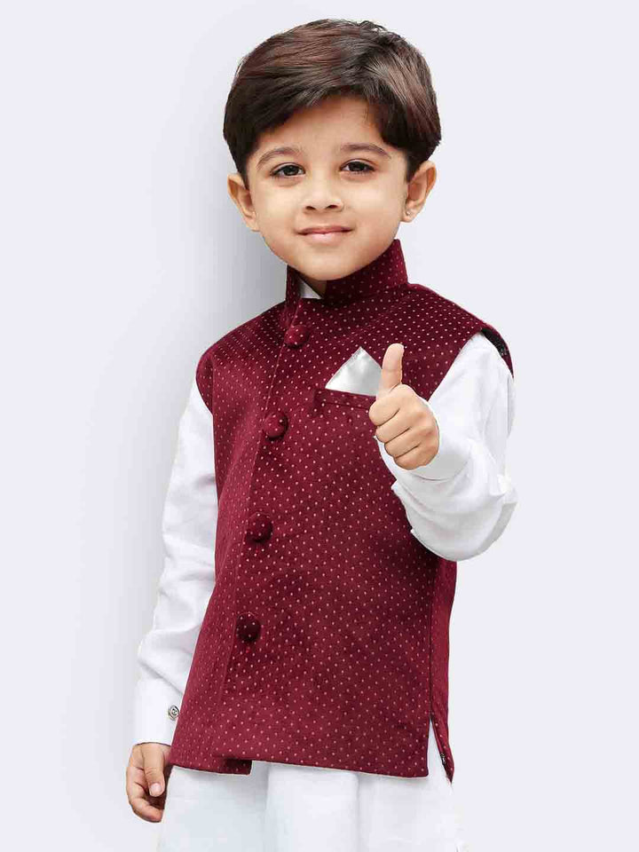 VASTRAMAY Boys' Maroon Velvet Nehru Jackets