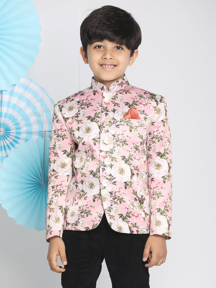 VASTRAMAY Floral Printed Pink Bandhgala Prince Coat Jodhpuri