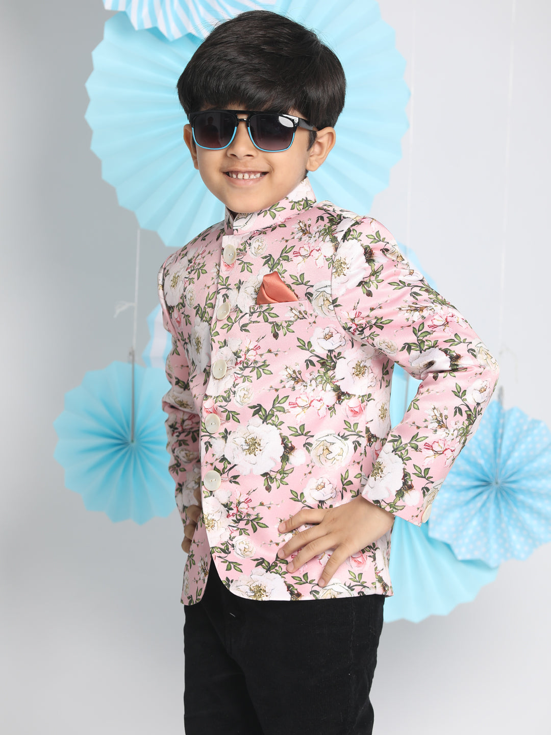 VASTRAMAY Floral Printed Pink Bandhgala Prince Coat Jodhpuri