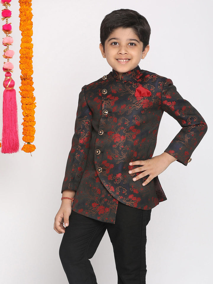 VASTRAMAY Boys Maroon Woven Design Silk Blend Bandhgala Blazer