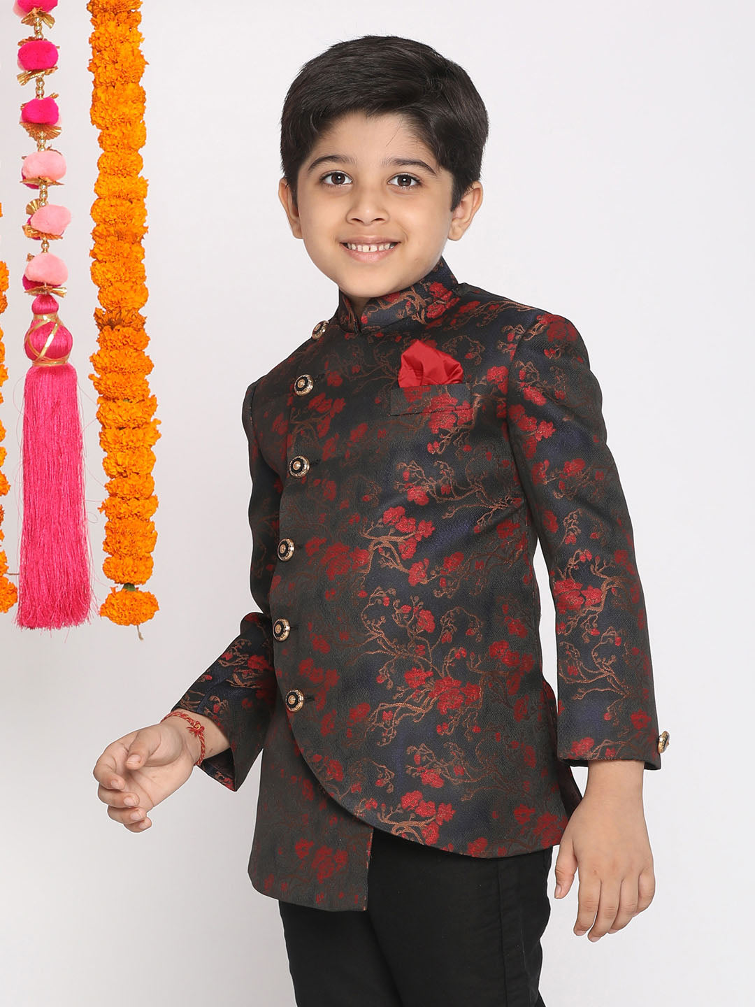 VASTRAMAY Boys Maroon Woven Design Silk Blend Bandhgala Blazer