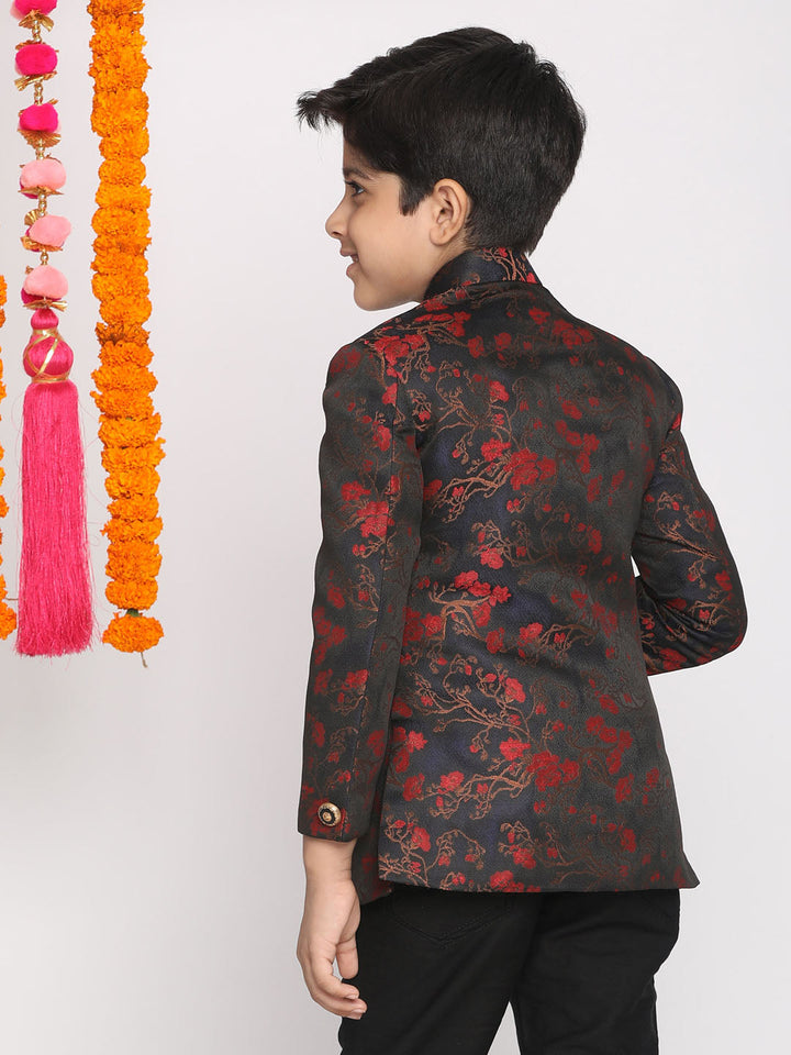 VASTRAMAY Boys Maroon Woven Design Silk Blend Bandhgala Blazer