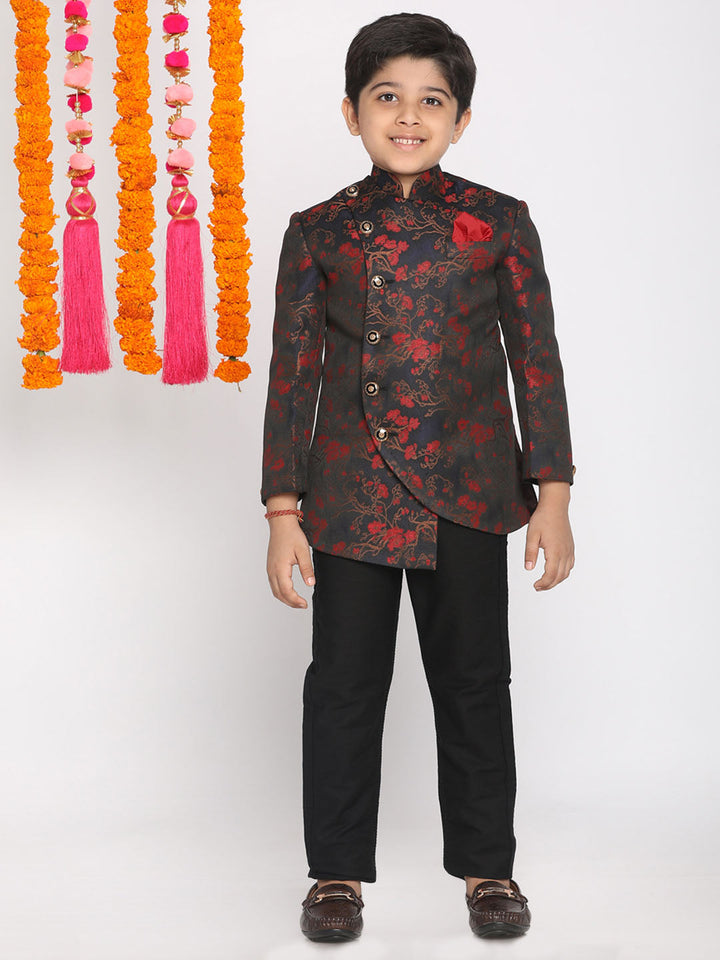 VASTRAMAY Boys Maroon Woven Design Silk Blend Bandhgala Blazer