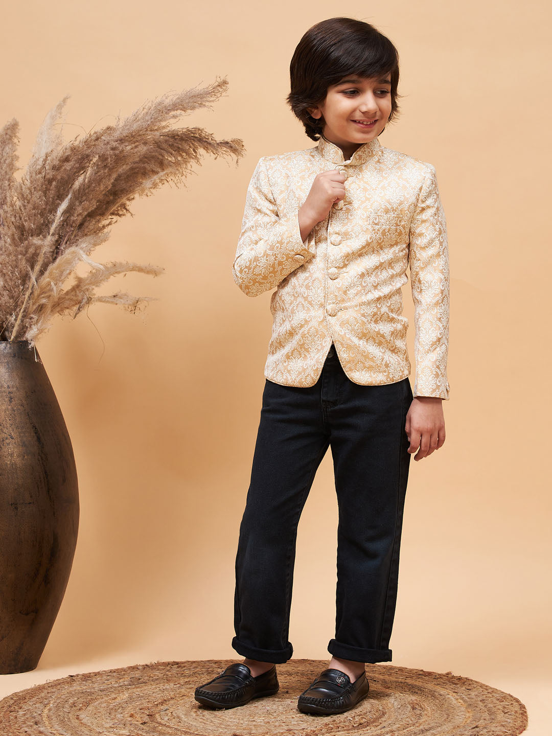 VASTRAMAY Boy's Gold Color Silk Blend Jodhpuri