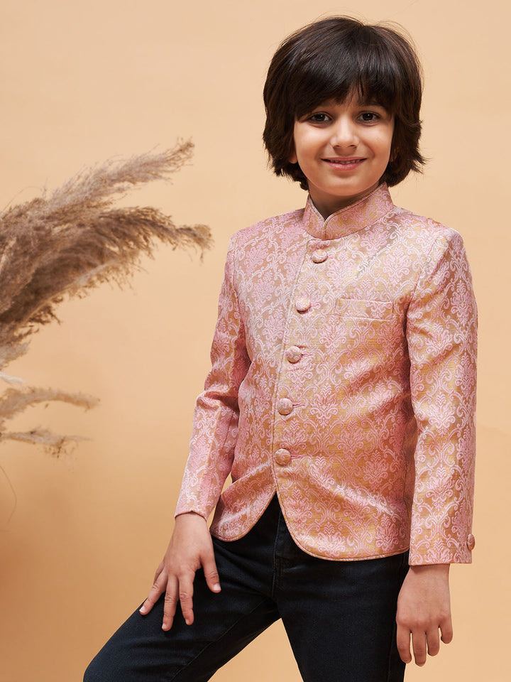 VASTRAMAY Boy's Pink Silk Blend Woven Jodhpuri