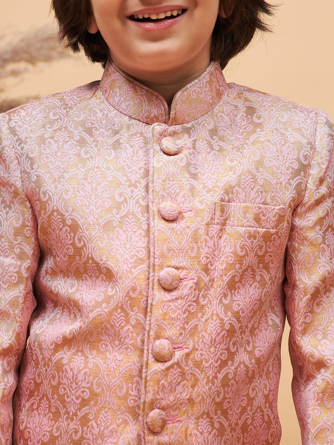 VASTRAMAY Pink Banarasi Brocade Jodhpuri Bapp Beta Set - Traditional Indian attire for special occasions