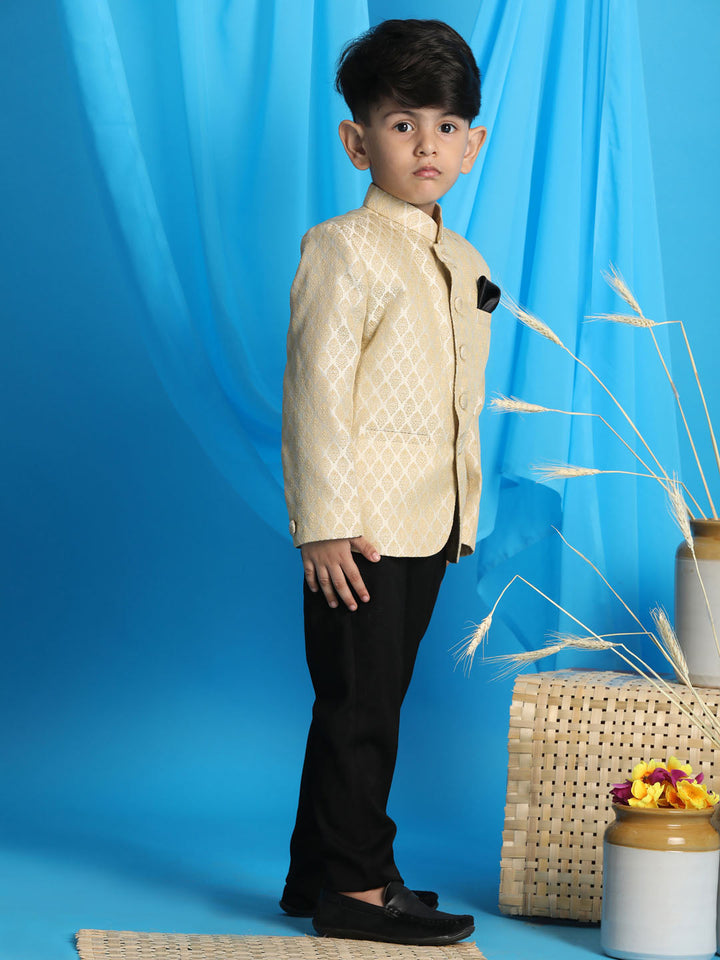 Vastramay Boy's Cream Woven Silk Blend Jodhpuri