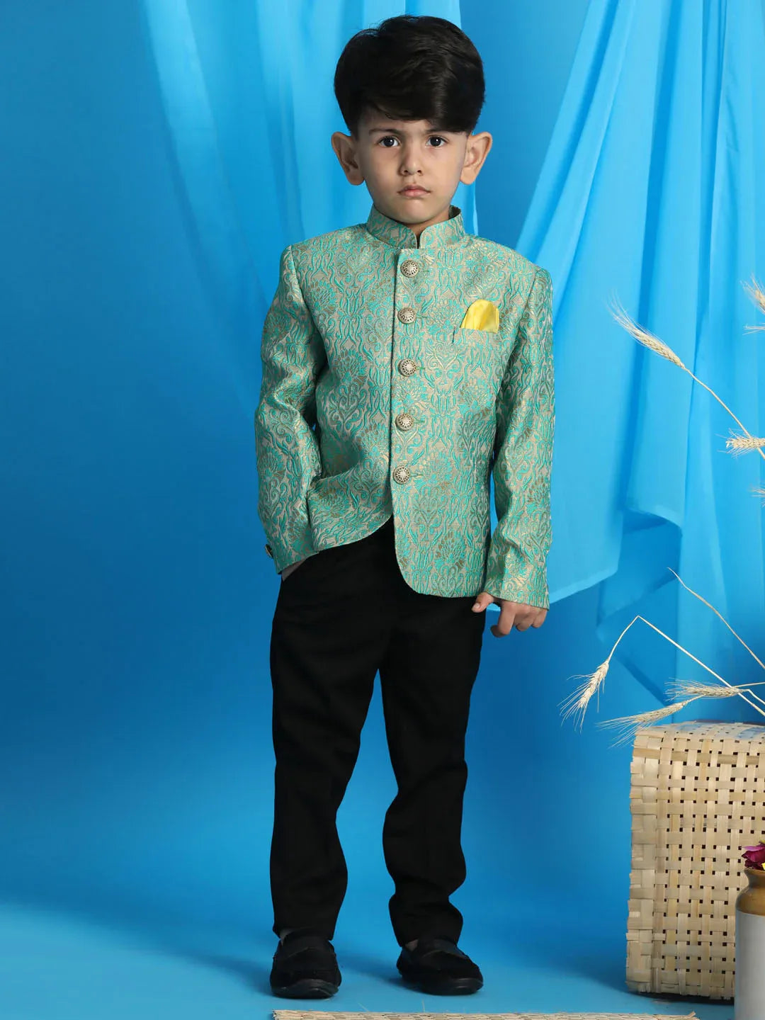 Boy's Green Woven Design Jodhpuri