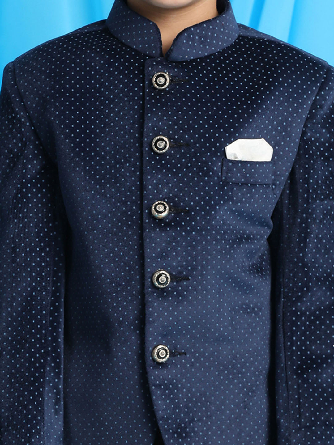 VASTRAMAY Blue Polka Dot Printed Velvet Jodhpuri Baap beta Set