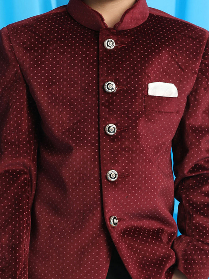 VASTRAMAY Maroon Polka Dot Printed Velvet Jodhpuri Baap beta Set