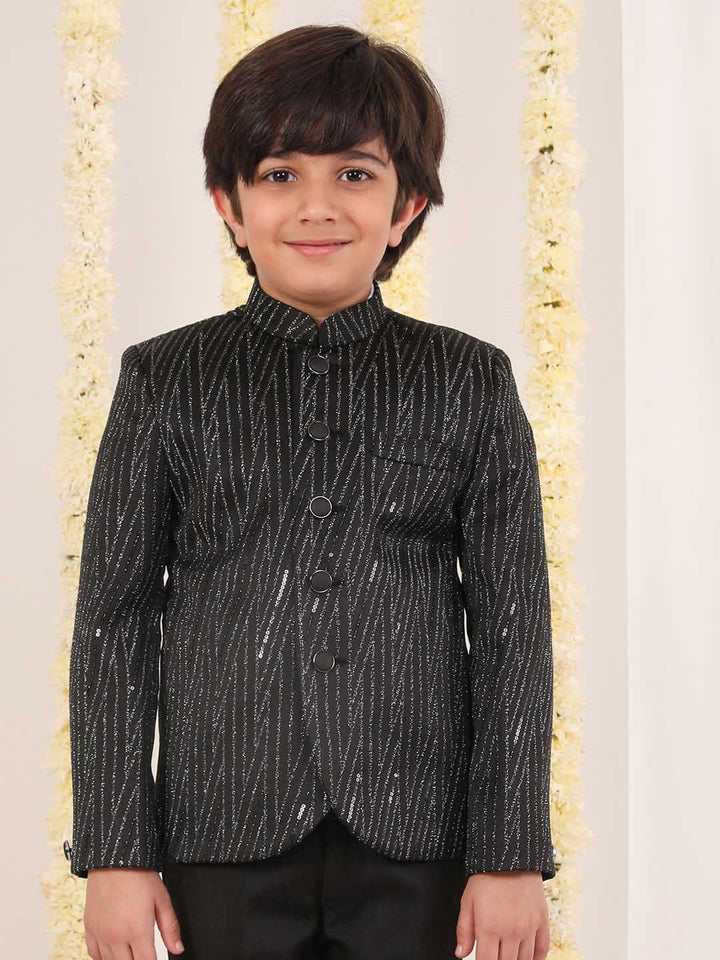 VASTRAMAY Boy's Black Sequined Jodhpuri