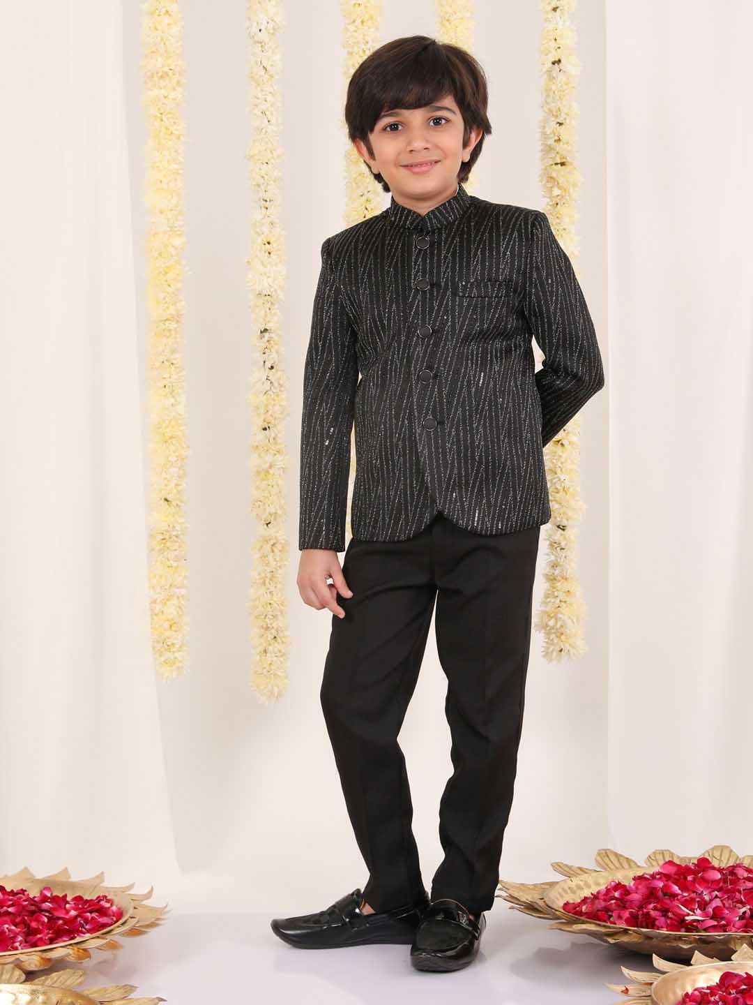 VASTRAMAY Boy's Black Sequined Jodhpuri