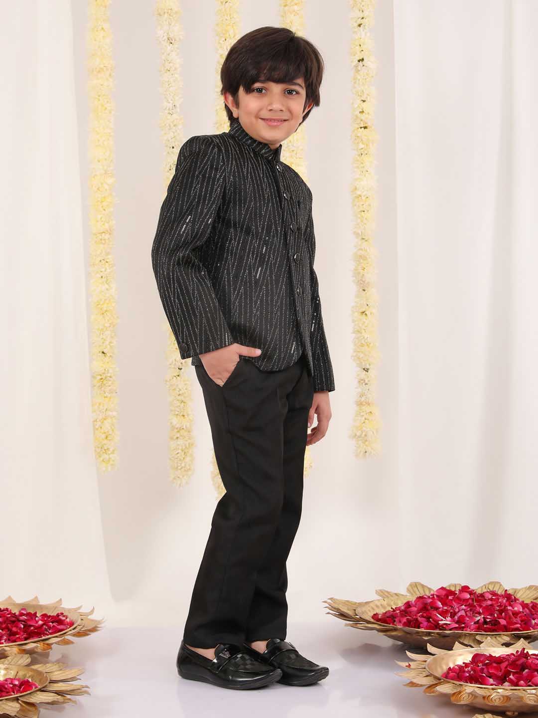 VASTRAMAY Boy's Black Sequined Jodhpuri