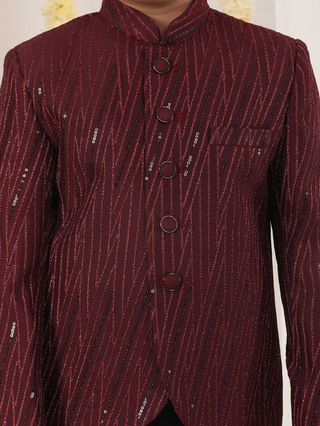 VASTRAMAY Boy's Maroon Sequined Jodhpuri