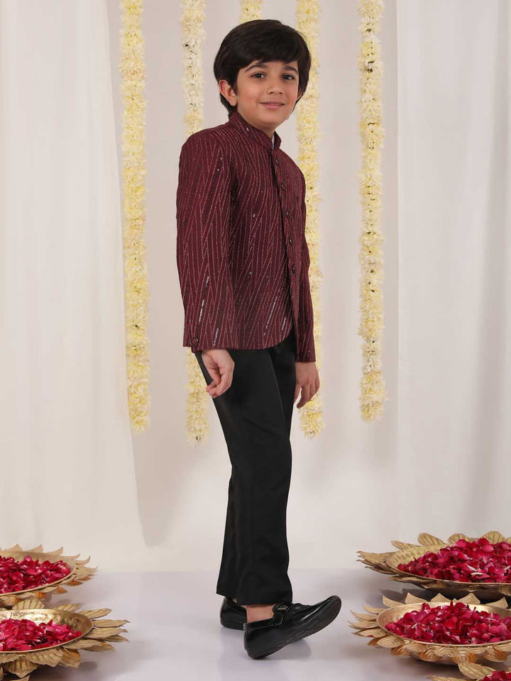 VASTRAMAY Boy's Maroon Sequined Jodhpuri