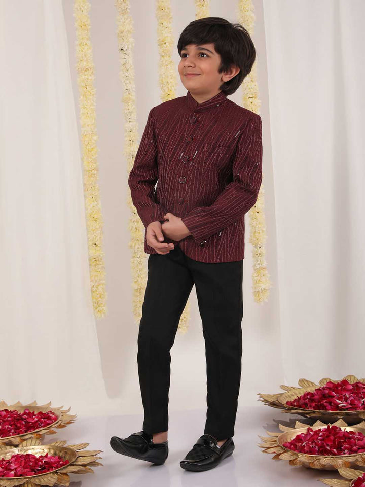 VASTRAMAY Boy's Maroon Sequined Jodhpuri