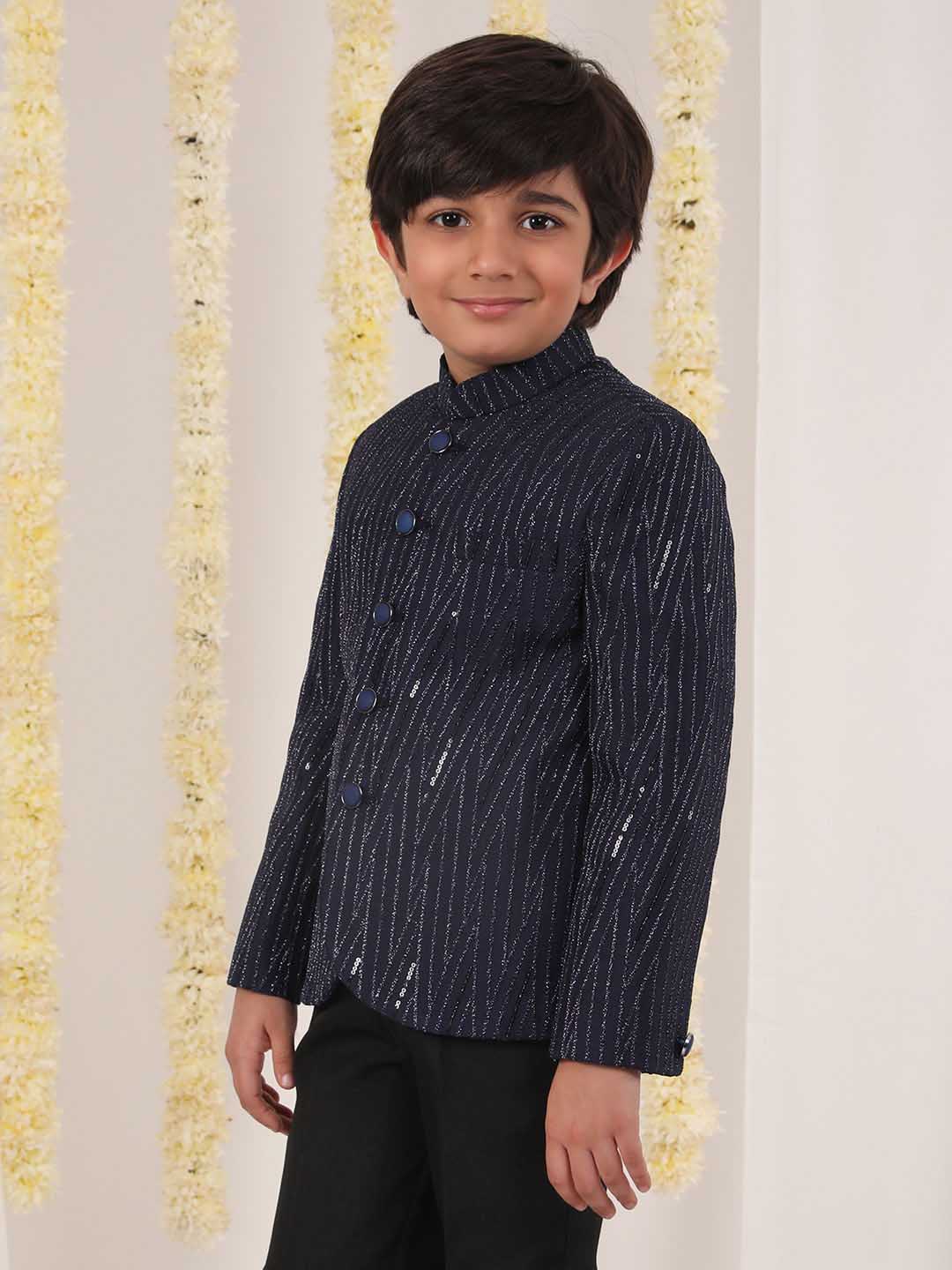 VASTRAMAY Boy's Blue Sequined Jodhpuri