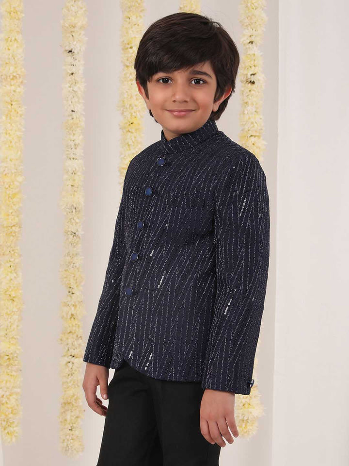 VASTRAMAY Boy's Blue Sequined Jodhpuri