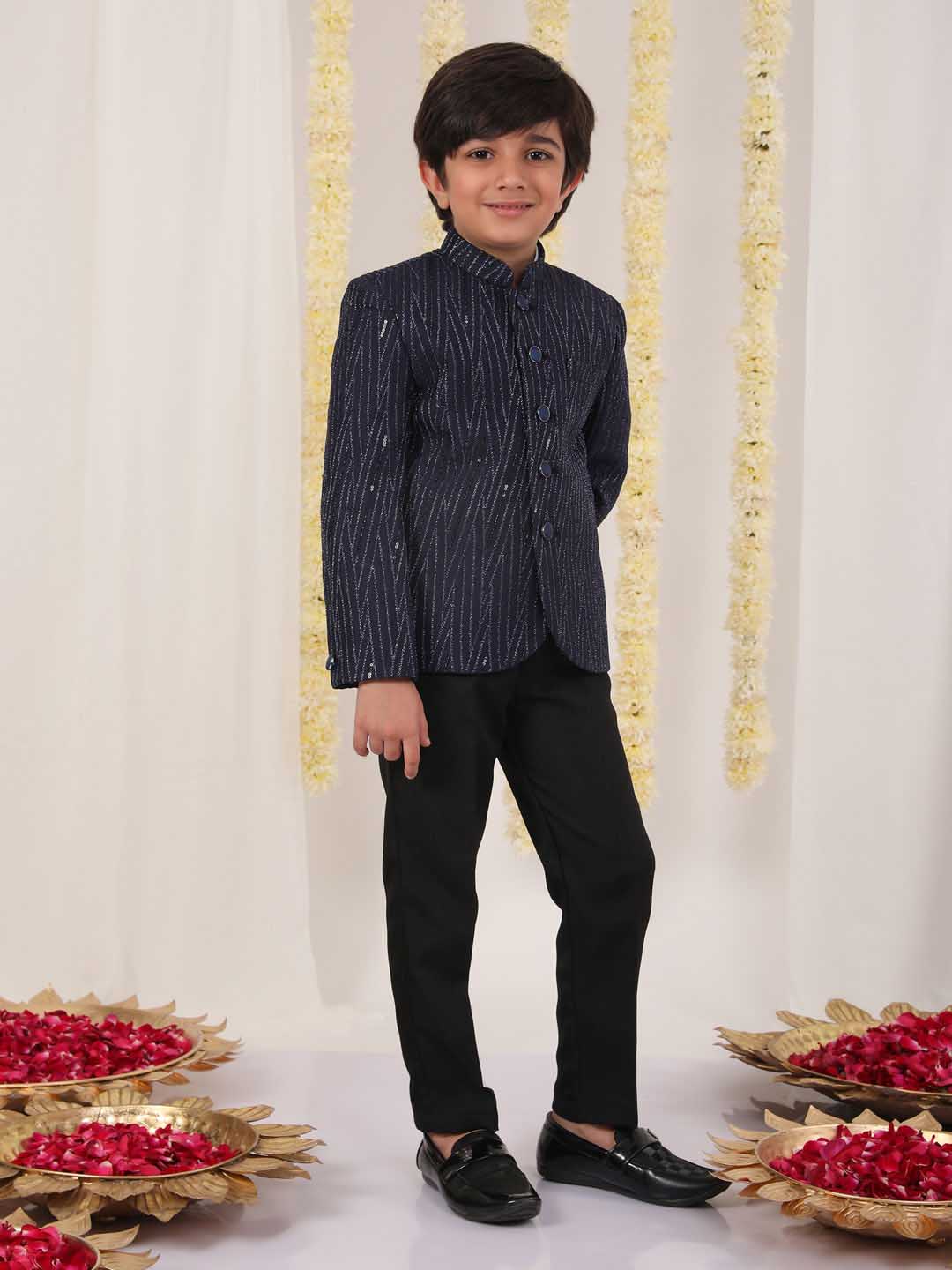 VASTRAMAY Boy's Blue Sequined Jodhpuri