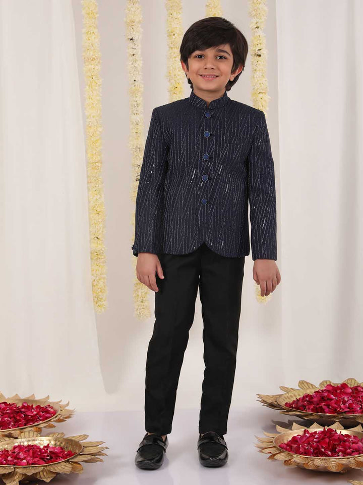 VASTRAMAY Boy's Blue Sequined Jodhpuri