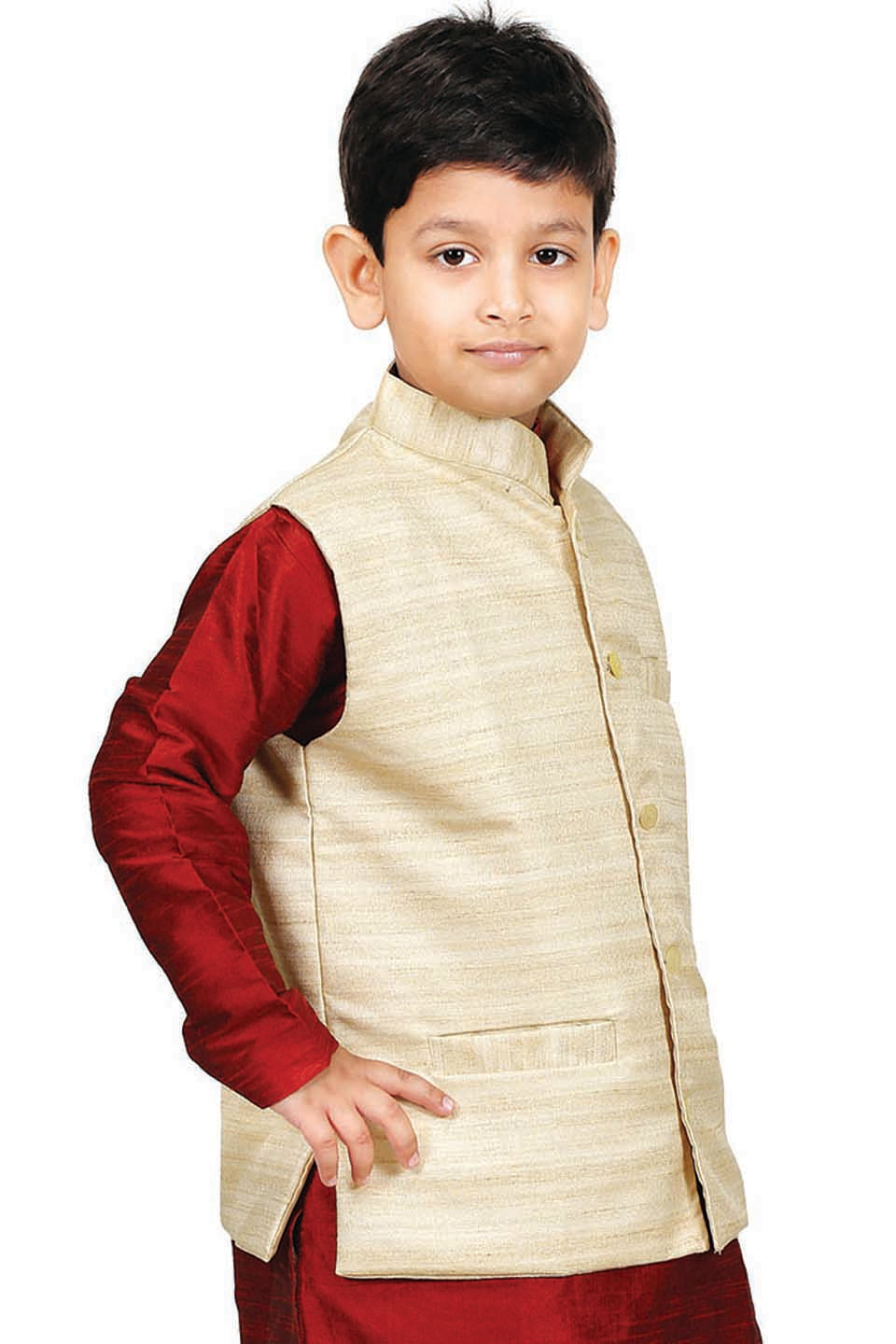 VASTRAMAY Boys' Beige Cotton Silk Nehru Jacket