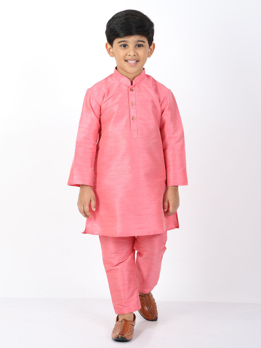 VASTRAMAY Boys Pink Silk Blend Kurta and Pyjama Set