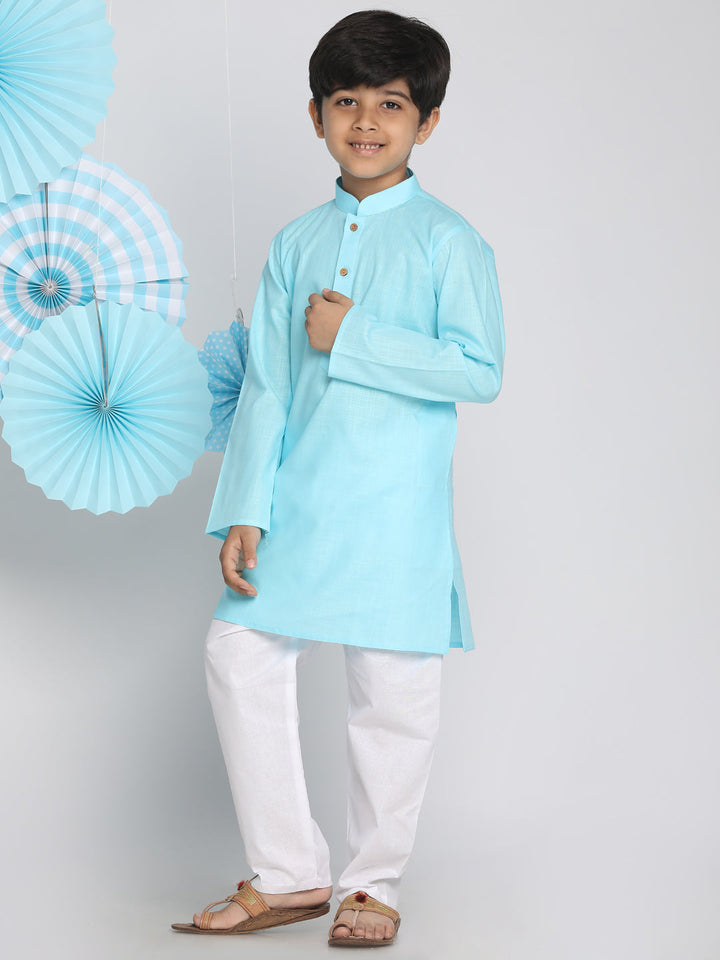 VASTRAMAY Boys Aqua And White Kurta Pyjama Set