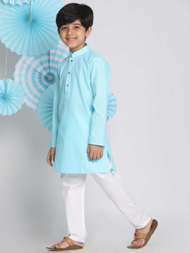 VASTRAMAY Boys Aqua And White Kurta Pyjama Set