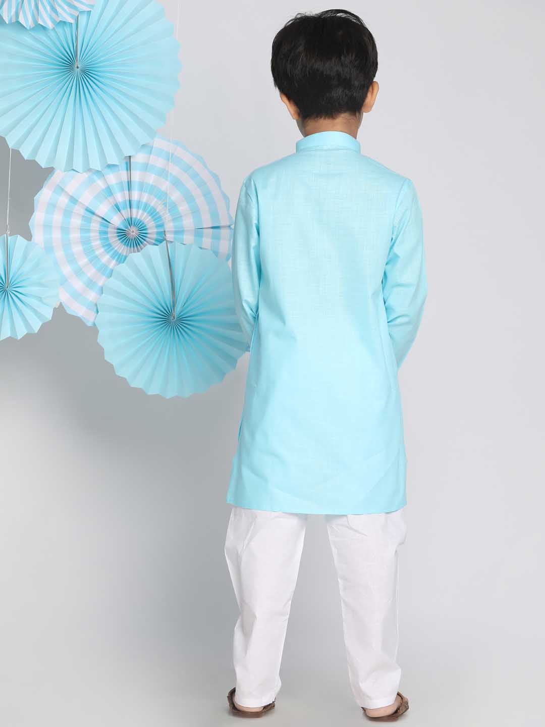 VASTRAMAY Boys Aqua And White Kurta Pyjama Set