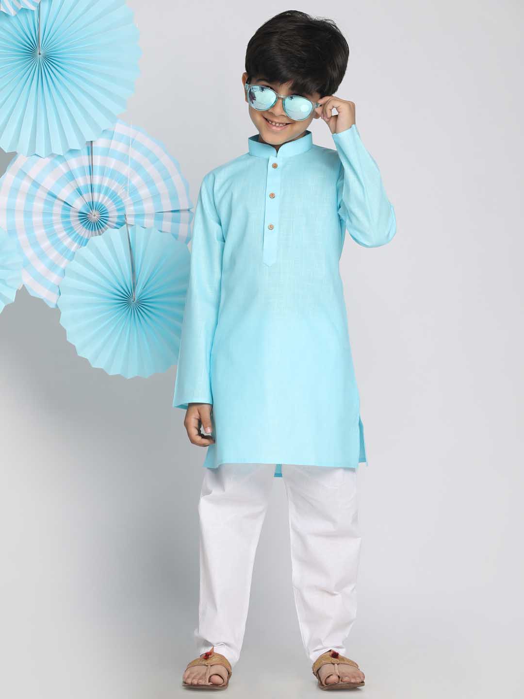 VASTRAMAY Boys Aqua And White Kurta Pyjama Set