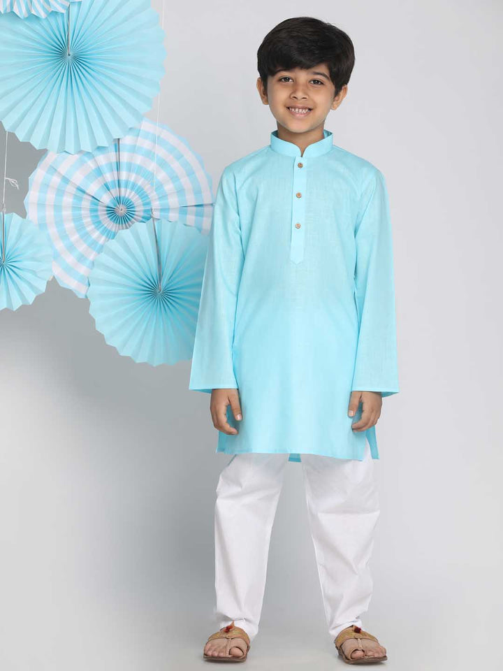 VASTRAMAY Boys Aqua And White Kurta Pyjama Set