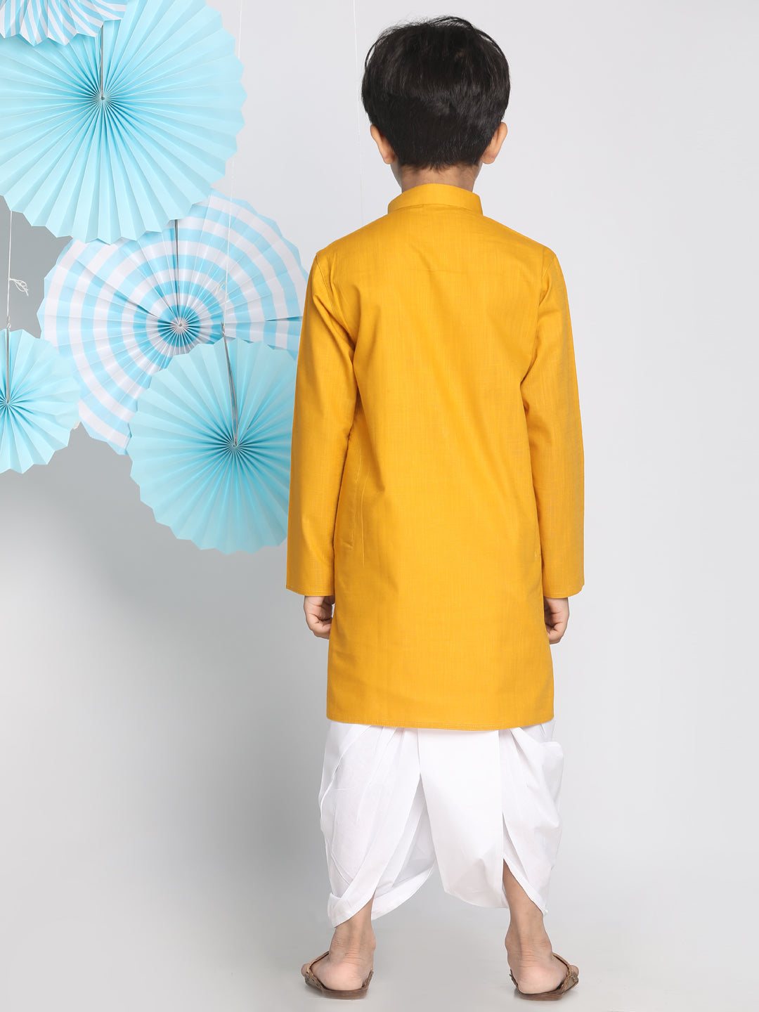 VASTRAMAY Mustard Cotton Baap Beta Kurta Dhoti Set