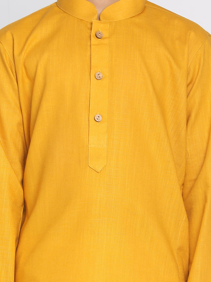 VASTRAMAY Mustard Cotton Baap Beta Kurta Dhoti Set