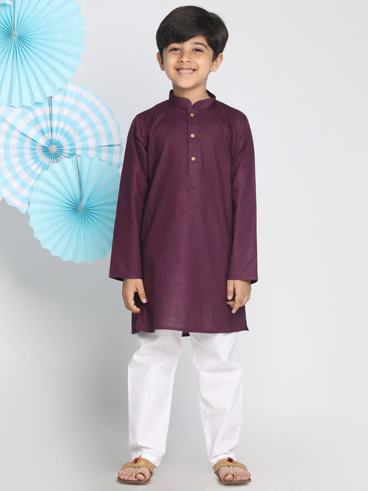 VASTRAMAY Boys Purple And White Kurta Pyjama Set