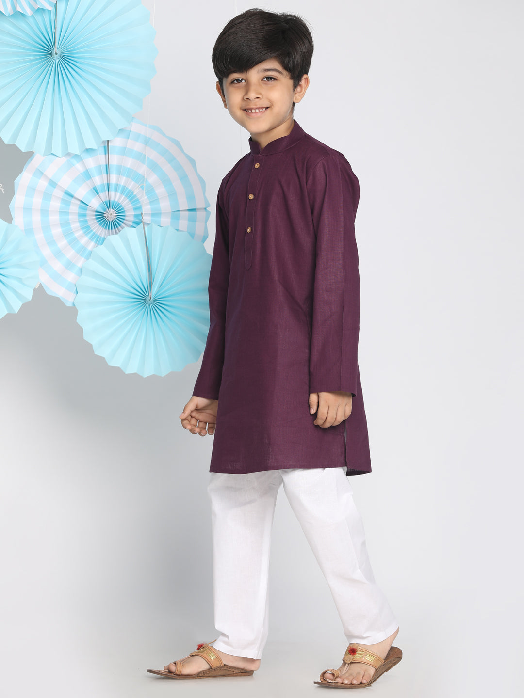 VASTRAMAY Boys Purple And White Kurta Pyjama Set