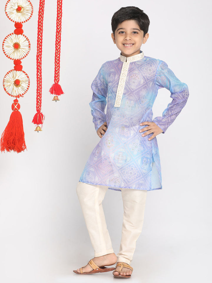 VASTRAMAY Boys' Blue And Cream Kurta Pyjama Set