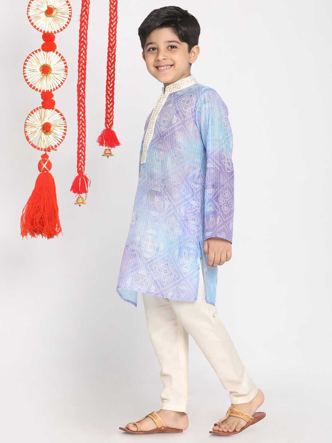 VASTRAMAY Boys' Blue And Cream Kurta Pyjama Set