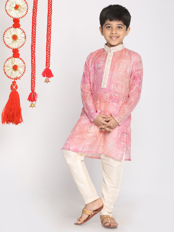 VASTRAMAY Boys' Pink And Cream Kurta Pyjama Set