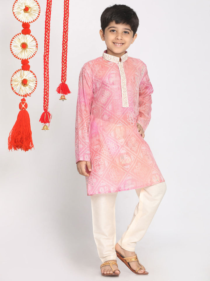 VASTRAMAY Boys' Pink And Cream Kurta Pyjama Set