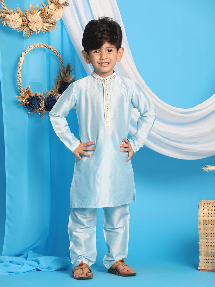 VASTRAMAY Boys' Aqua Blue Viscose Kurta and Pyjama Set