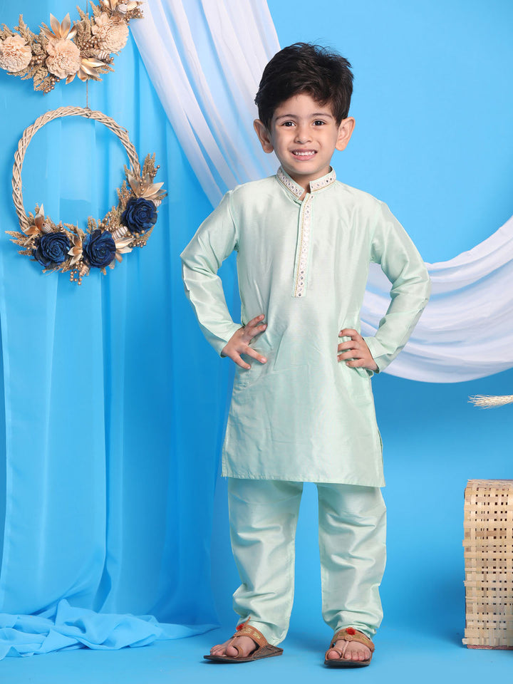 VASTRAMAY Boys' Mint Green Viscose Kurta and Pyjama Set