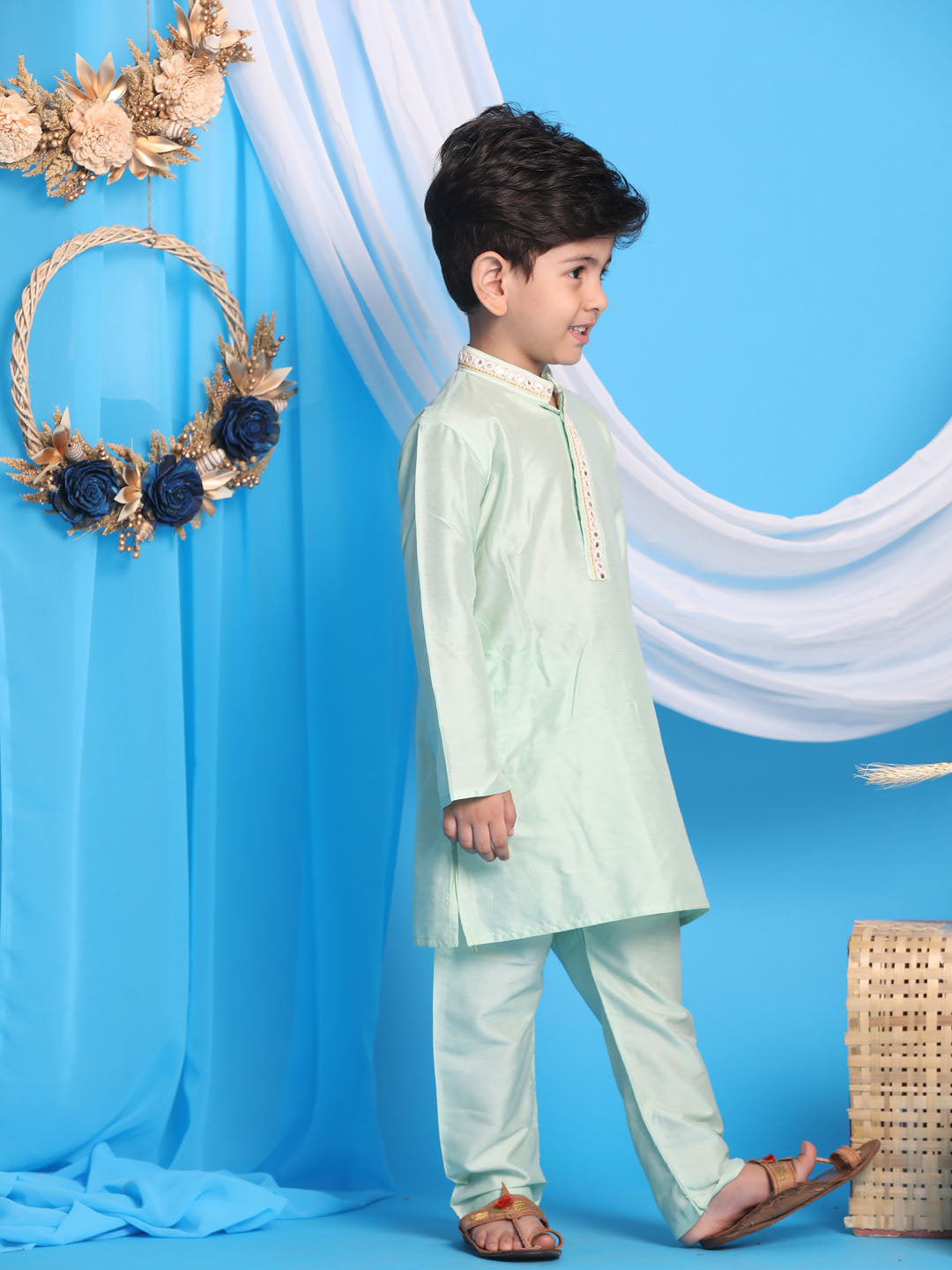 VASTRAMAY Boys' Mint Green Viscose Kurta and Pyjama Set