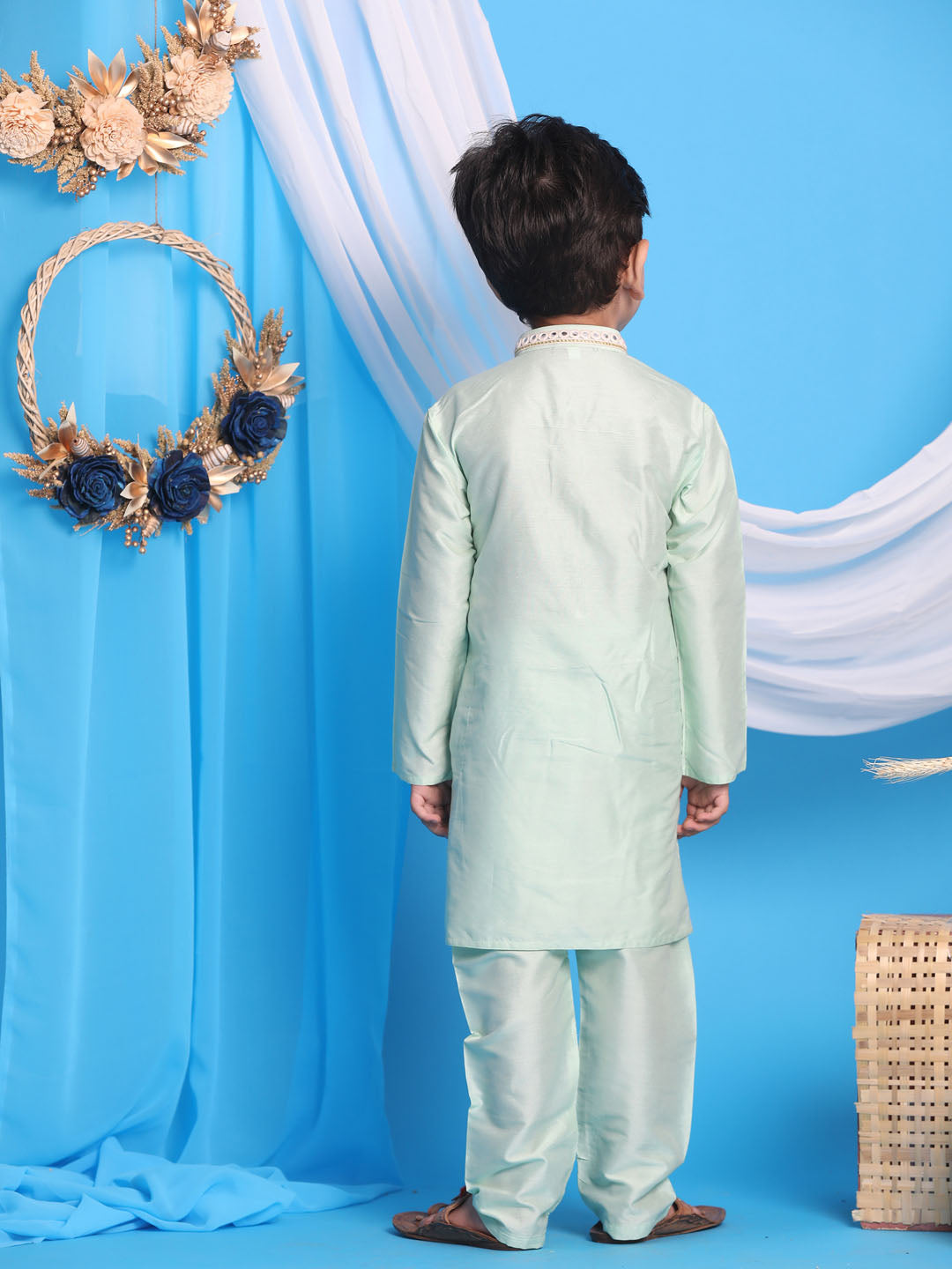 VASTRAMAY Boys' Mint Green Viscose Kurta and Pyjama Set