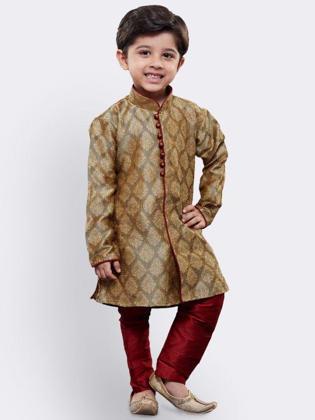 VASTRAMAY Boys' Beige Cotton Silk Kurta and Pyjama Set