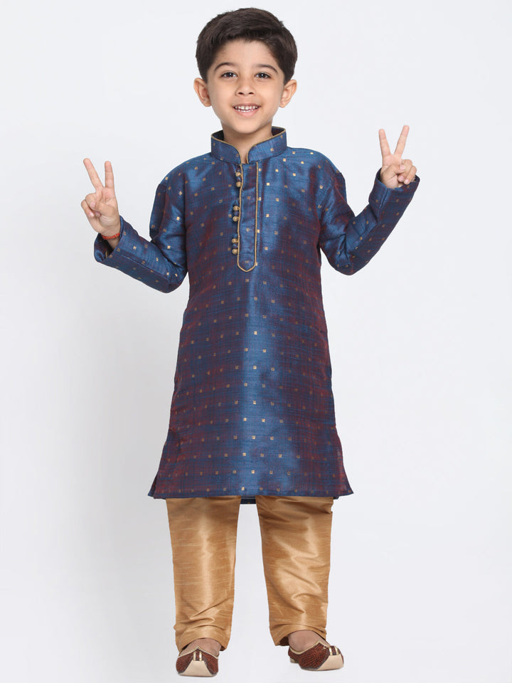 Vastramay Silk Blend Blue and Rose Gold Baap Beta Kurta Pyjama set