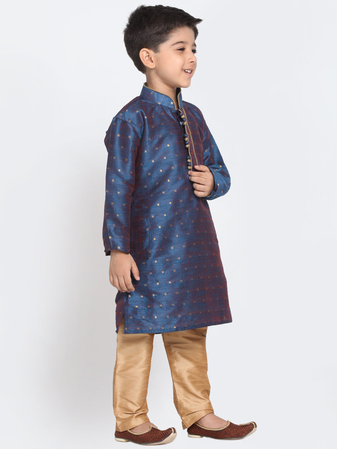 Vastramay Silk Blend Blue and Rose Gold Baap Beta Kurta Pyjama set