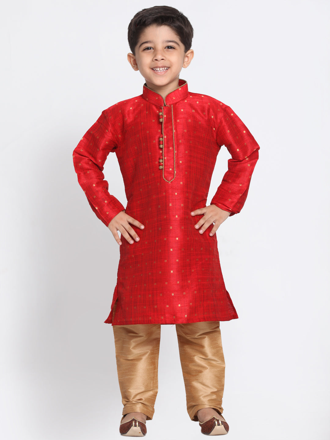 Vastramay Silk Blend Maroon and Rose Gold Baap Beta Kurta Pyjama set