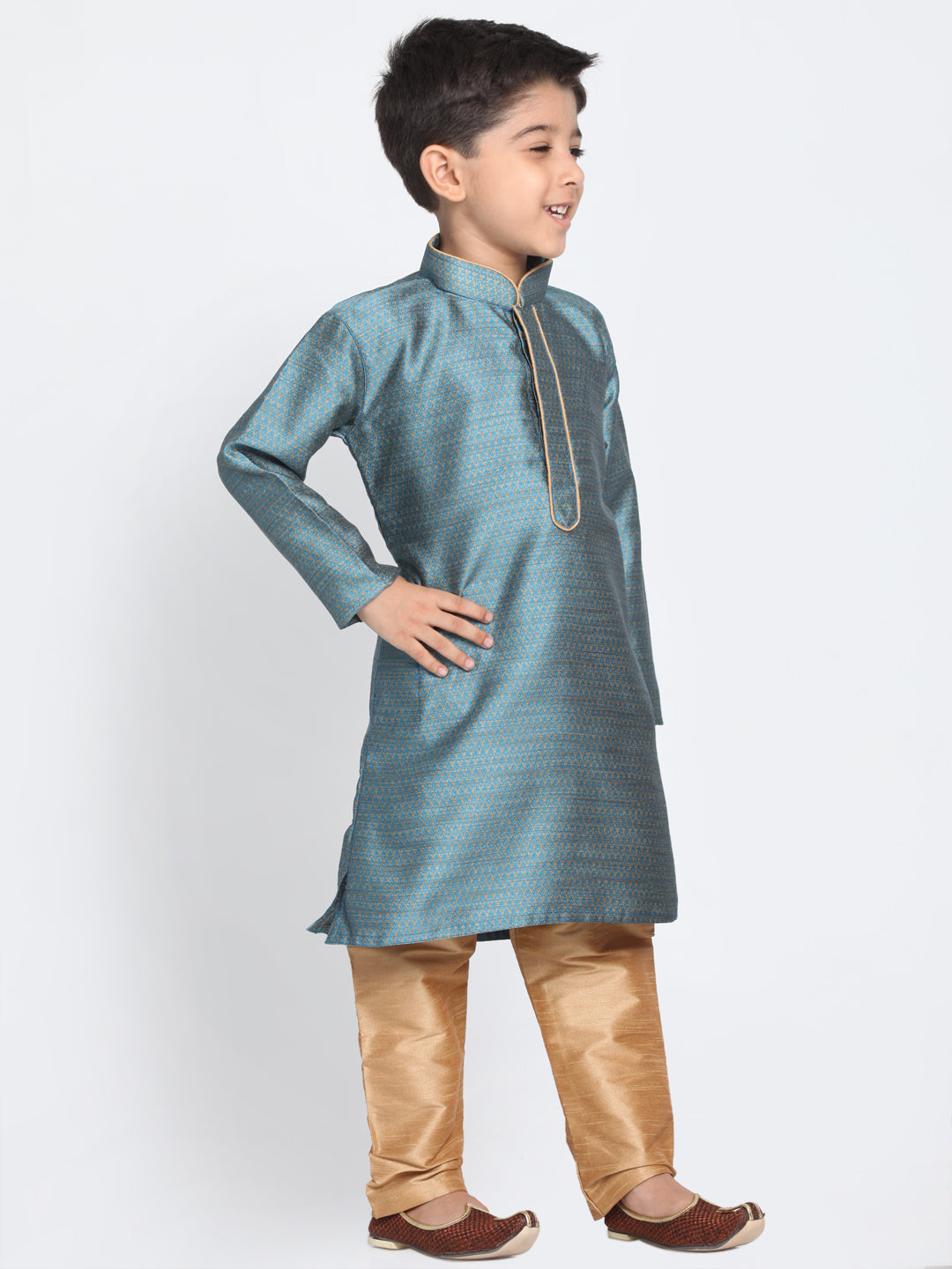 Vastramay Silk Blend Aqua Blue and Rose Gold Baap Beta Kurta Pyjama set