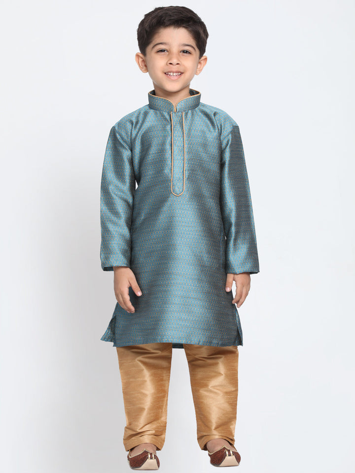 Vastramay Silk Blend Aqua Blue and Rose Gold Baap Beta Kurta Pyjama set